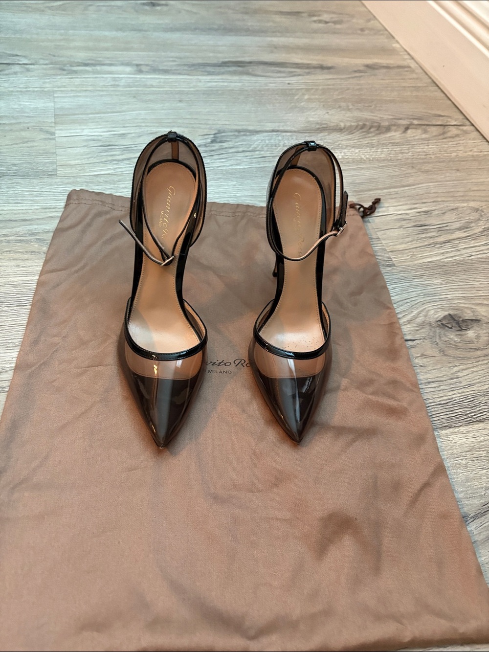 Gianvito Rossi Black Patent Pointed-Toe Ankle-Strap Pumps with Clear Panel